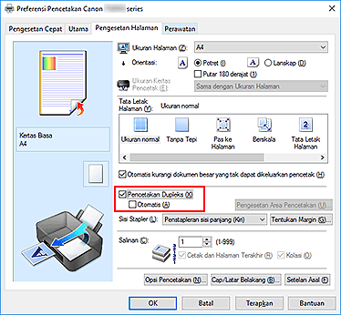 gambar: Kotak centang Pencetakan Dupleks pada tab Pengesetan Halaman