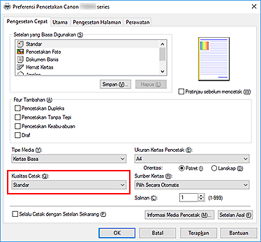 gambar: Kualitas Cetak pada tab Pengesetan Cepat