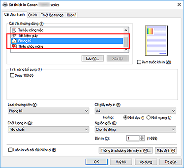 hình: Chọn Phong bì từ Cài đặt thường dùng trên tab Cài đặt nhanh
