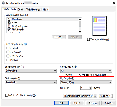 hình: Nguồn giấy trên tab Cài đặt nhanh