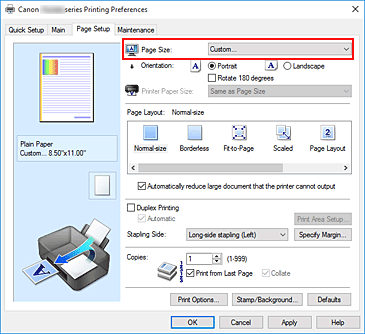 фигура: Избиране на Custom за &bdquo;Page Size&rdquo; в раздела &bdquo;Page Setup&rdquo;