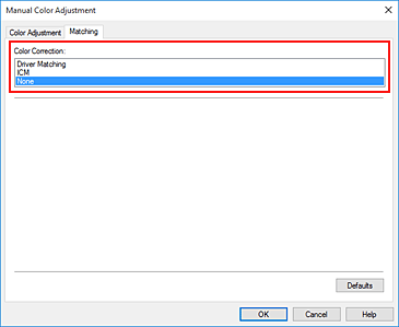 figure:Select None for Color Correction in the Manual Color Adjustment dialog box