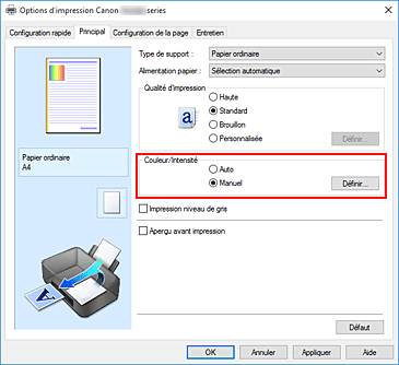 figure&nbsp;: Sélectionnez Manuel pour Couleur/Intensité dans l'onglet Principal.