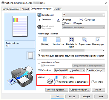 figure&nbsp;: Copies dans l'onglet Configuration de la page