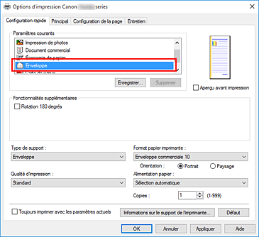 figure&nbsp;: Sélectionnez Enveloppe dans Paramètres courants dans l'onglet Configuration rapide.