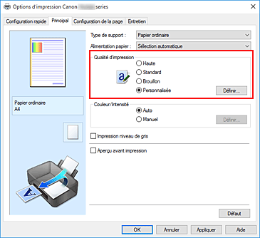 figure&nbsp;: Dans l'onglet Principal, sélectionnez Personnalisée pour Qualité d'impression