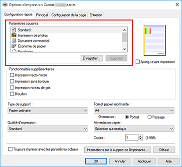figure&nbsp;: Paramètres courants dans l'onglet Configuration rapide