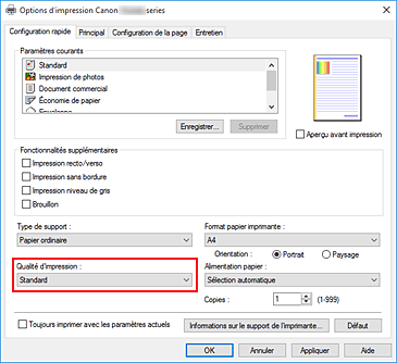 figure&nbsp;: Qualité d'impression dans l'onglet Configuration rapide