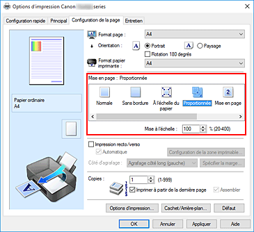 figure&nbsp;: Sélectionnez Proportionnée comme Mise en page dans l'onglet Configuration de la page.