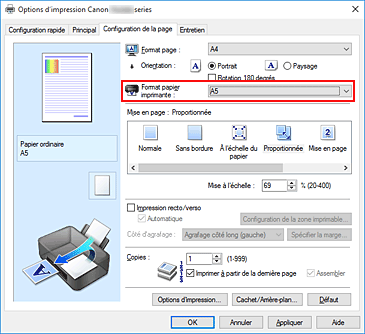 figure&nbsp;: Format papier imprimante dans l'onglet Configuration de la page