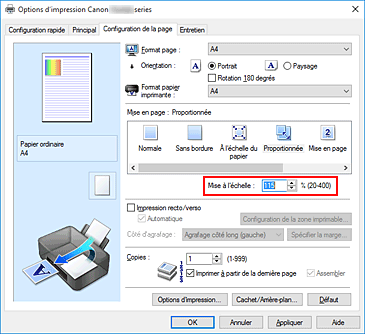 figure&nbsp;: Mise à l'échelle dans l'onglet Configuration de la page