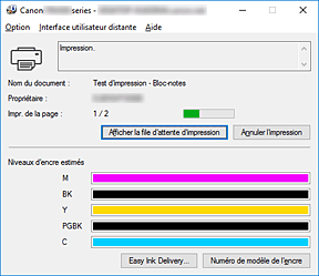 figure&nbsp;: Écran d'état d'imprimante Canon IJ