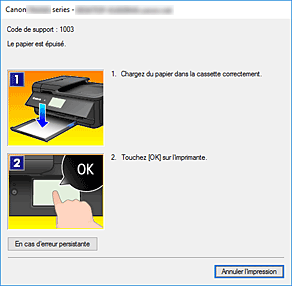 figure&nbsp;: Écran d'état d'imprimante Canon IJ-Affichage d'une erreur