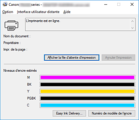 figure&nbsp;: Écran d'état d'imprimante Canon IJ