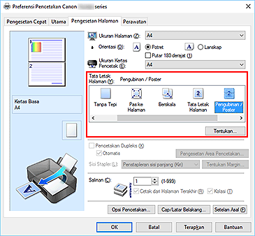 gambar: Pilih Pengubinan/Poster untuk Tata Letak Halaman pada tab Pengesetan Halaman
