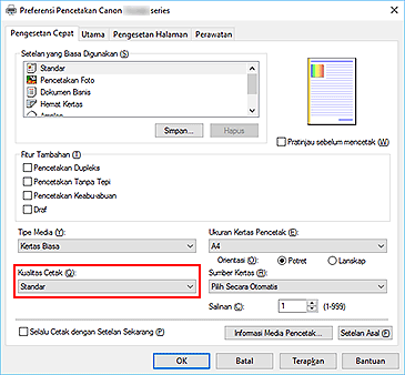 gambar: Kualitas Cetak pada tab Pengesetan Cepat