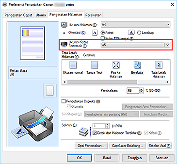 gambar: Ukuran Kertas Pencetak pada tab Pengesetan Halaman