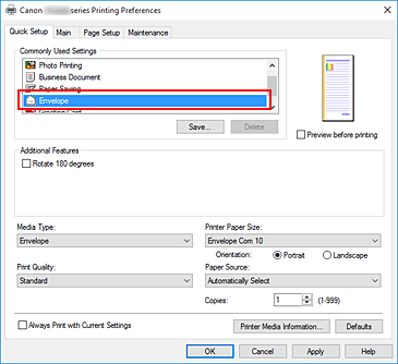 rysunek: wybór opcji Koperta z listy Najczęściej używane ustawienia na karcie Szybki start