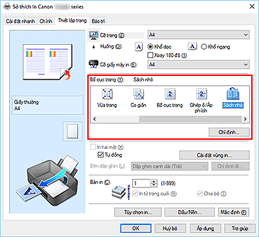 hình: Chọn Sách nhỏ cho Bố cục trang trên tab Thiết lập trang