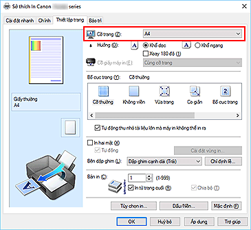 hình: Cỡ trang trên tab Thiết lập trang