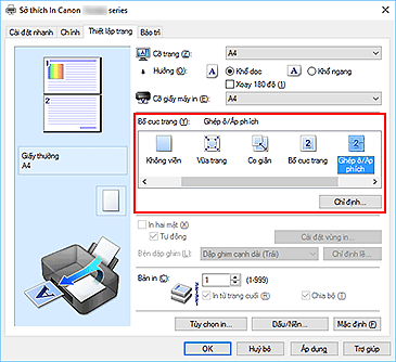 hình: Chọn Ghép ô/Áp phích cho Bố cục trang trên tab Thiết lập trang