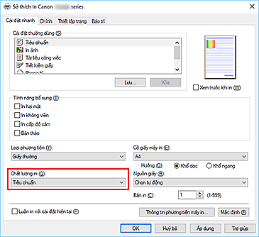 hình: Chất lượng in trên tab Cài đặt nhanh