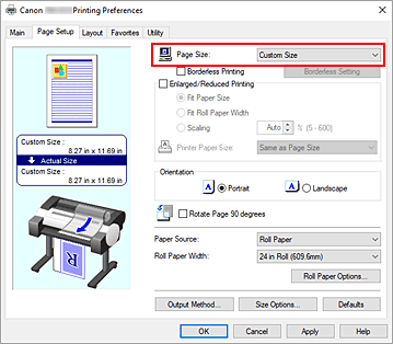figure:Select Custom for Page Size on the Page Setup tab