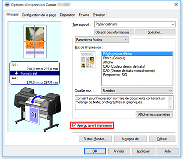 figure&nbsp;: Case à cocher Aperçu avant impression dans l'onglet Principal