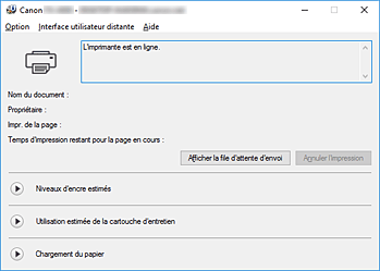 figure&nbsp;: Écran d'état d'imprimante Canon IJ