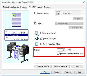 figure : Copies dans l'onglet Configuration de la page