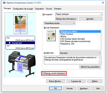 figure : Case à cocher Aperçu avant impression dans l'onglet Principal
