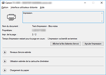 figure : Écran d'état d'imprimante Canon IJ