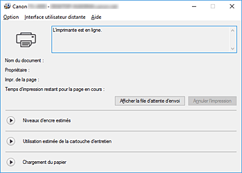figure : Écran d'état d'imprimante Canon IJ