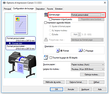 figure : Sélectionnez Personnalisé pour Format page dans l'onglet Configuration de la page.