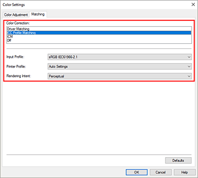 figure:Select ICC Profile Matching for Color Correction in the Manual Color Adjustment dialog box