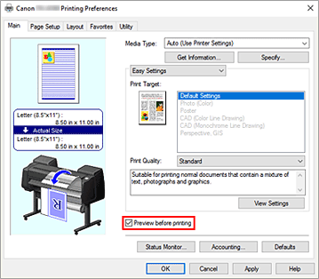 figura: Caixa de seleção Visualizar antes de imprimir na guia Principal