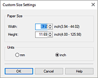 figura: Caixa de diálogo Tamanho de Papel Personalizado