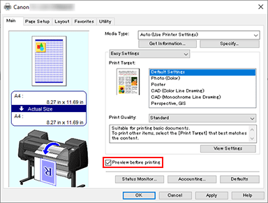 figure:Preview before printing check box on the Main tab