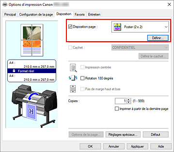 Figure : sélectionnez la mise en page Poster (1 x 2) ou Poster (2 x 2) dans l'onglet Configuration de la page