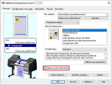 figure&nbsp;: Case à cocher Aperçu avant impression dans l'onglet Principal