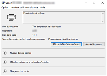 figure&nbsp;: Écran d'état d'imprimante Canon IJ