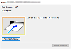 figure&nbsp;: Écran d'état d'imprimante Canon IJ-Affichage d'une erreur