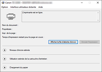 figure&nbsp;: Écran d'état d'imprimante Canon IJ
