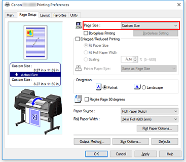 figure:Select Custom for Page Size on the Page Setup tab