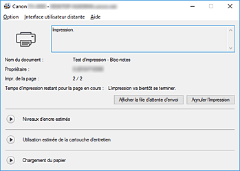 figure&nbsp;: Écran d'état d'imprimante Canon IJ