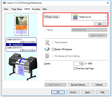 figura:Selecione Pôster (1 x 2) ou Pôster (2 x 2) para Layout da Página na guia Configurar Página