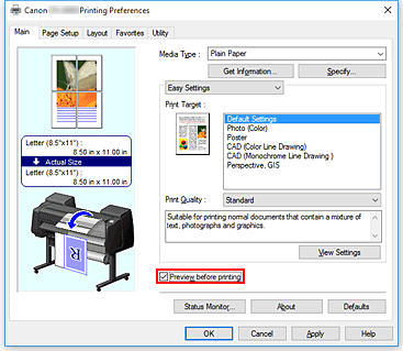 figure:Preview before printing check box on the Main tab