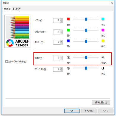 図：［マニュアル色調整］ダイアログボックスの［明るさ］