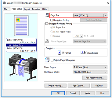 рисунок: "Размер стр." на вкладке "Страница"