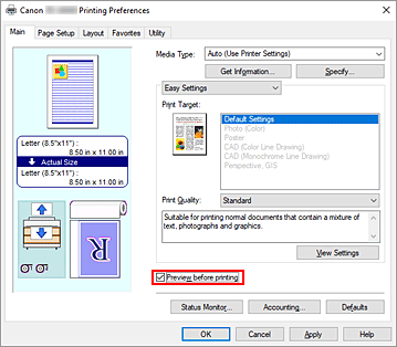 Abbildung: Kontrollkästchen "Vorschau vor dem Druckvorgang" auf der Registerkarte "Optionen"